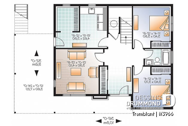 Rez-de-chaussée - Plan de maison genre chalet nordique, grand balcon, 2 salons, 3 à 4 chambres, cuisine et séjour à l'étage - Tremblant