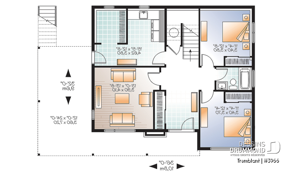 Rez-de-chaussée - Plan de maison genre chalet nordique, grand balcon, 2 salons, 3 à 4 chambres, cuisine et séjour à l'étage - Tremblant