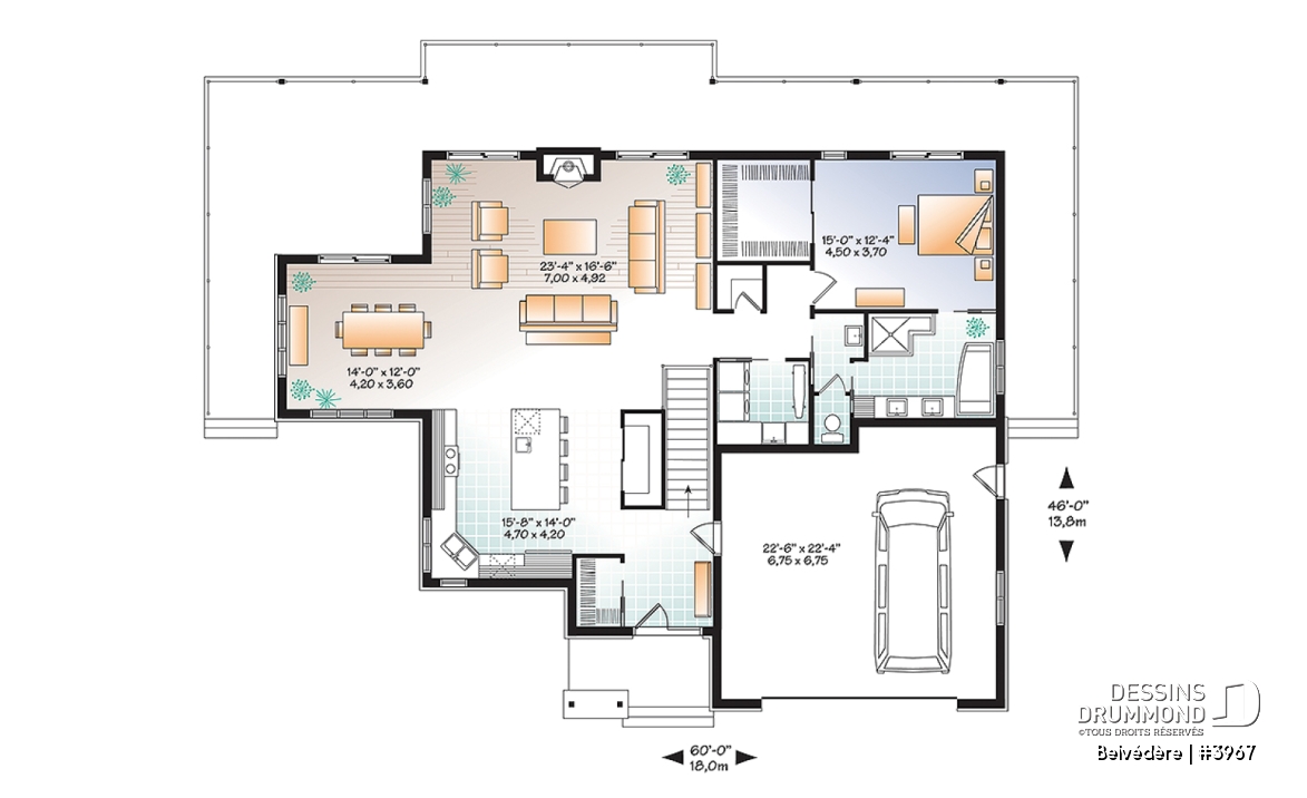 Rez-de-chaussée - Plan de maison style chalet moderne rustique, 1 à 4 chambres, grande cuisine, vue panoramique, rez-de-jardin - Belvédère