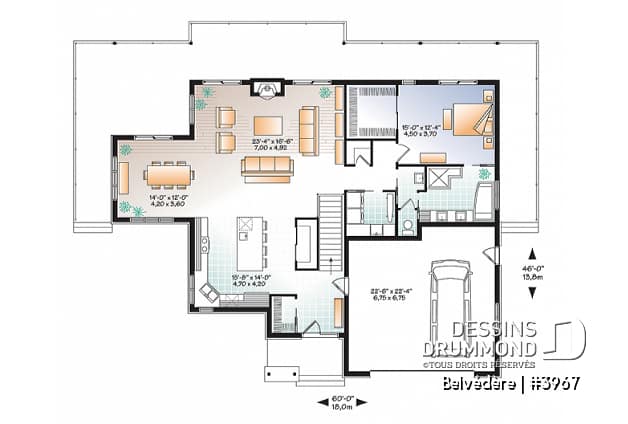 Rez-de-chaussée - Plan de maison style chalet moderne rustique, 1 à 4 chambres, grande cuisine, vue panoramique, rez-de-jardin - Belvédère