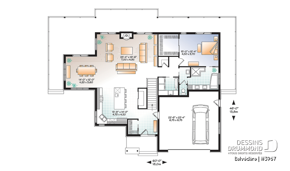 Rez-de-chaussée - Plan de maison style chalet moderne rustique, 1 à 4 chambres, grande cuisine, vue panoramique, rez-de-jardin - Belvédère