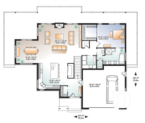 Rez-de-chaussée - Plan de maison style chalet moderne rustique, 1 à 4 chambres, grande cuisine, vue panoramique, rez-de-jardin - Belvédère