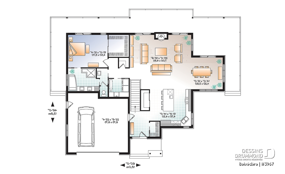 Rez-de-chaussée - Plan de maison style chalet moderne rustique, 1 à 4 chambres, grande cuisine, vue panoramique, rez-de-jardin - Belvédère