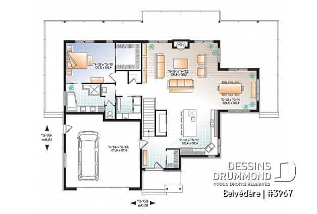 Rez-de-chaussée - Plan de maison style chalet moderne rustique, 1 à 4 chambres, grande cuisine, vue panoramique, rez-de-jardin - Belvédère