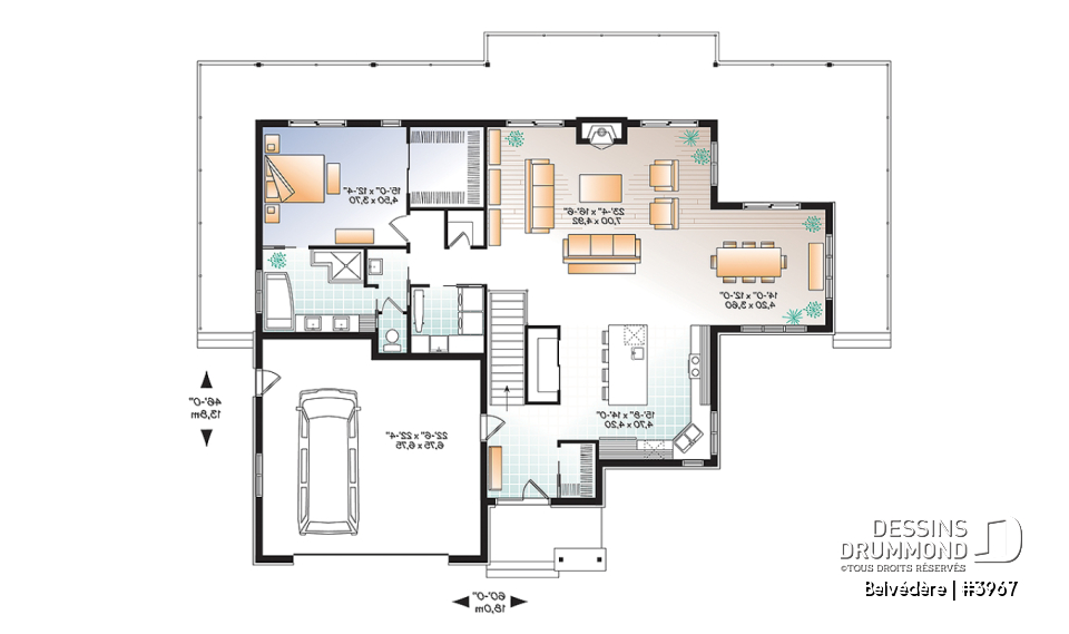 Rez-de-chaussée - Plan de maison style chalet moderne rustique, 1 à 4 chambres, grande cuisine, vue panoramique, rez-de-jardin - Belvédère