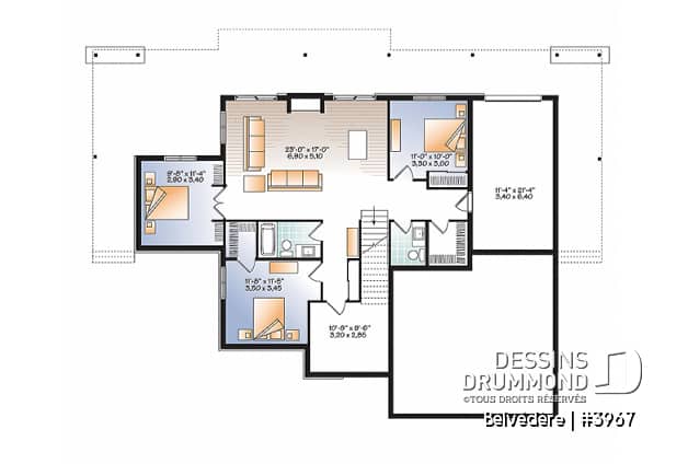 Sous-sol - Plan de maison style chalet moderne rustique, 1 à 4 chambres, grande cuisine, vue panoramique, rez-de-jardin - Belvédère