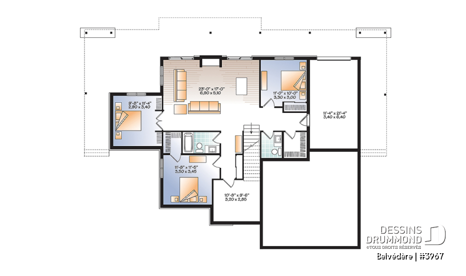 Sous-sol - Plan de maison style chalet moderne rustique, 1 à 4 chambres, grande cuisine, vue panoramique, rez-de-jardin - Belvédère