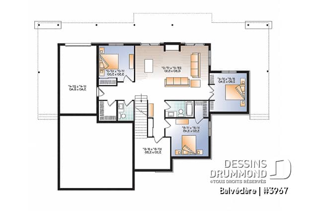 Sous-sol - Plan de maison style chalet moderne rustique, 1 à 4 chambres, grande cuisine, vue panoramique, rez-de-jardin - Belvédère