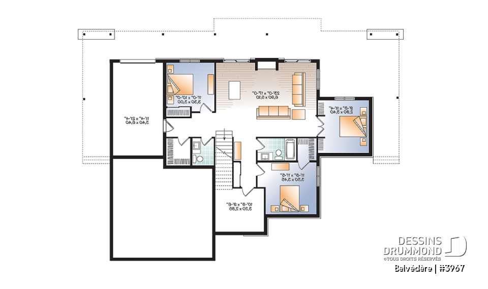 Sous-sol - Plan de maison style chalet moderne rustique, 1 à 4 chambres, grande cuisine, vue panoramique, rez-de-jardin - Belvédère