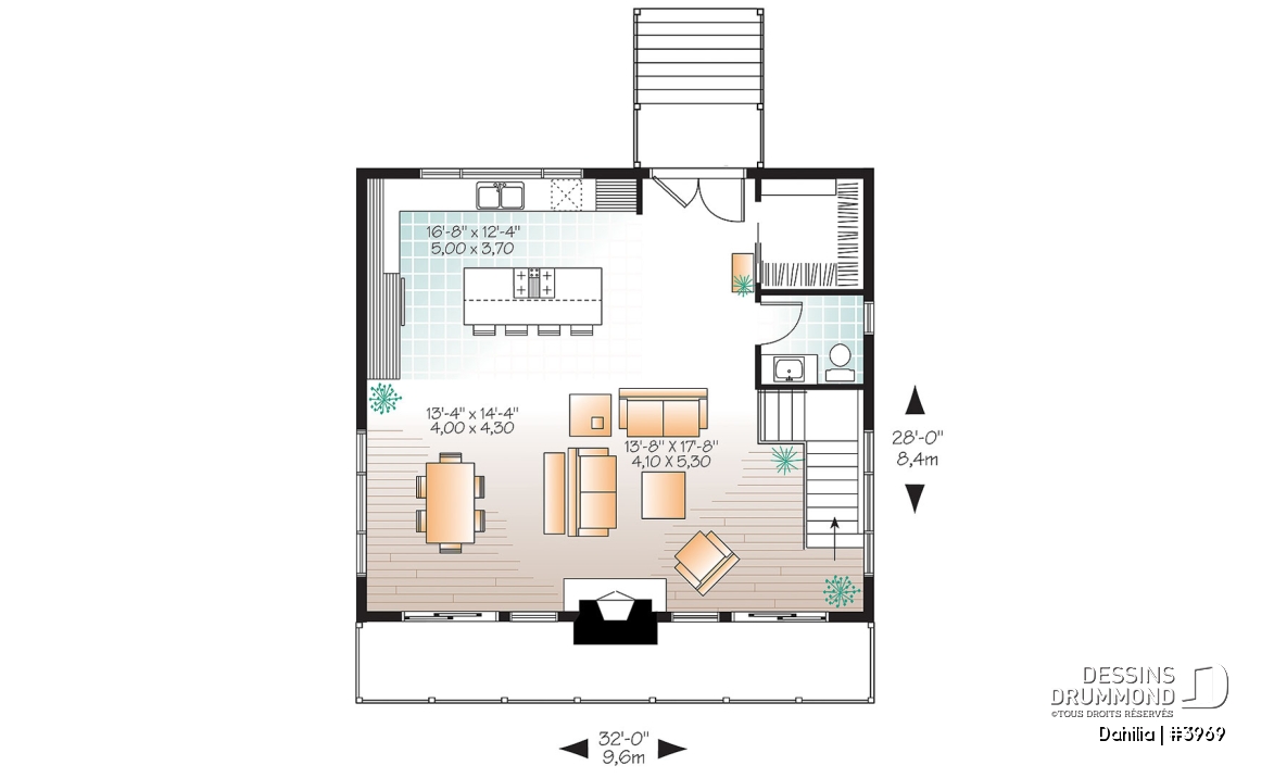Rez-de-chaussée - Plan de chalet moderne avec rez-de-jardin, 3 chambres, terrasse abritée, vue panoramique et foyer central - Dahilia