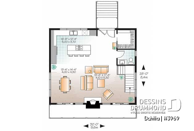 Rez-de-chaussée - Plan de chalet contemporain rustique, 3 chambres, foyer, deux salles familiales, grand vestiaire, 2 terrasses - Dahilia
