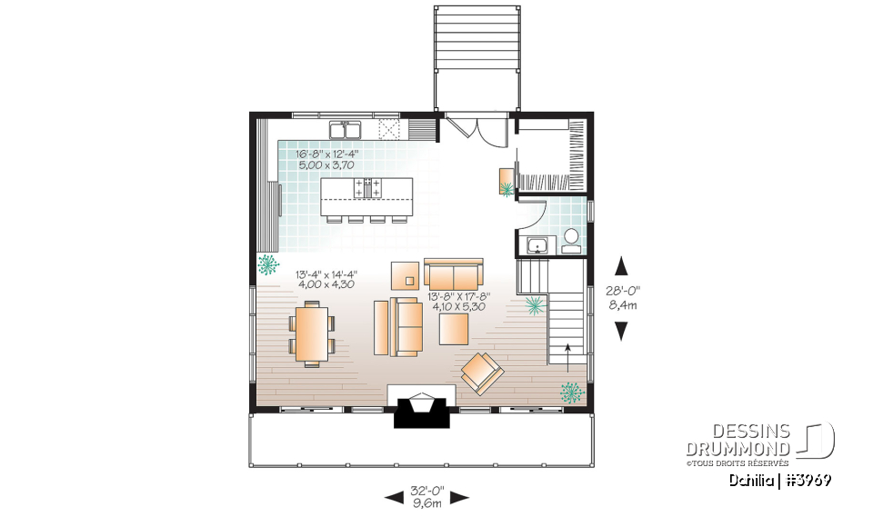 Rez-de-chaussée - Plan de chalet de ski moderne rustique – 3 chambres, vue panoramique et foyer central - Dahilia