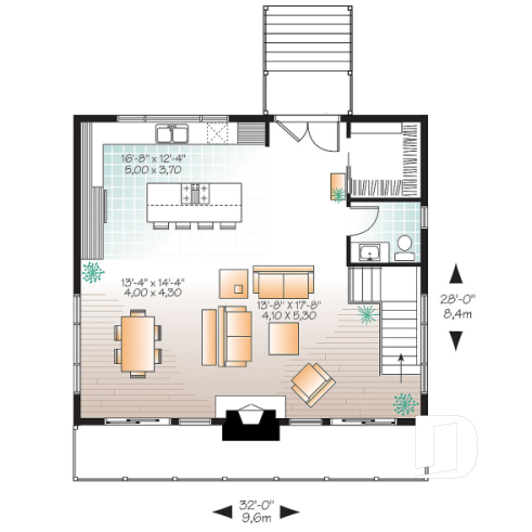 Rez-de-chaussée - Plan de chalet de ski moderne rustique – 3 chambres, vue panoramique et foyer central - Dahilia