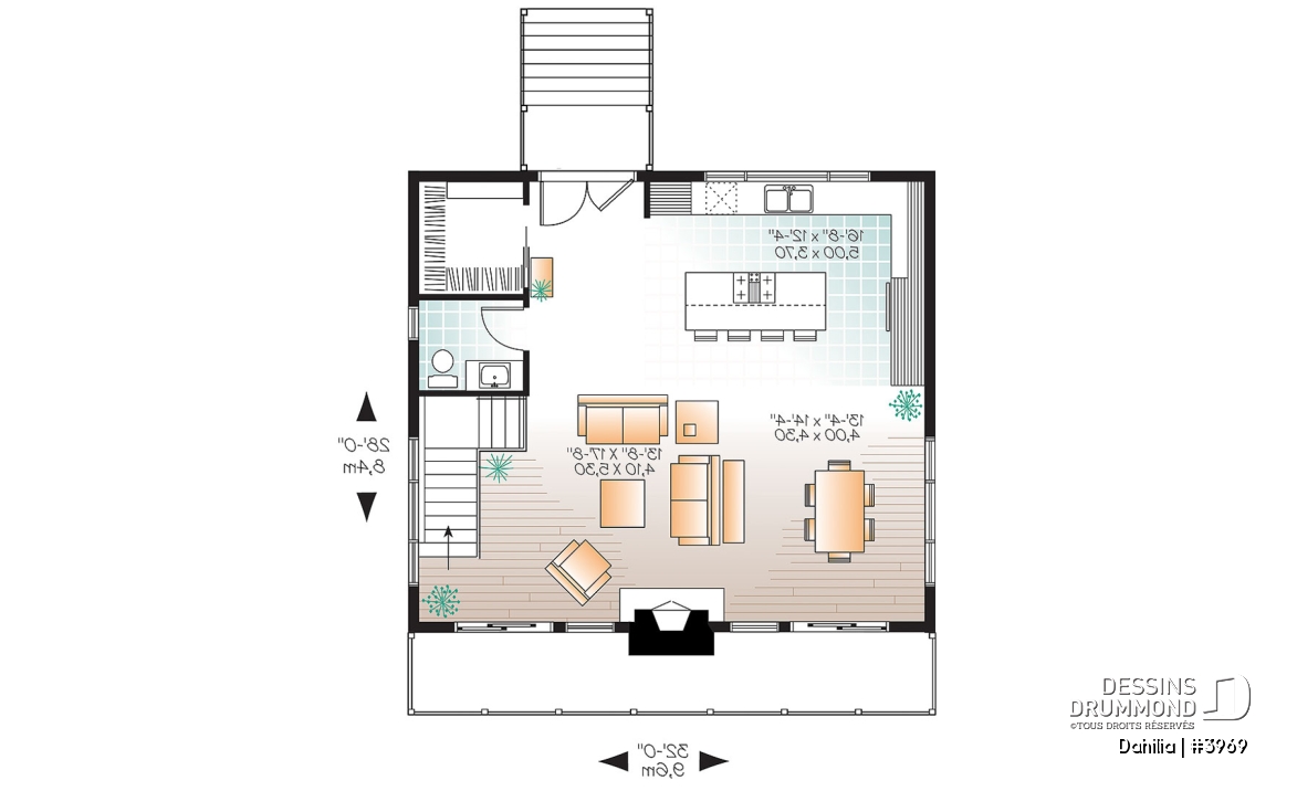 Rez-de-chaussée - Plan de chalet moderne avec rez-de-jardin, 3 chambres, terrasse abritée, vue panoramique et foyer central - Dahilia