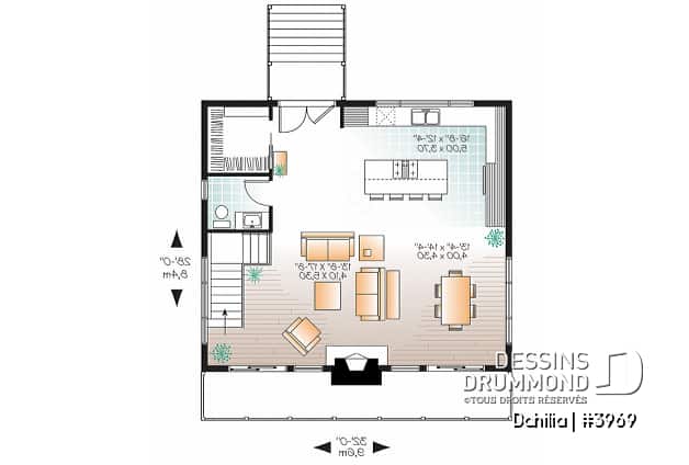 Rez-de-chaussée - Plan de chalet contemporain rustique, 3 chambres, foyer, deux salles familiales, grand vestiaire, 2 terrasses - Dahilia