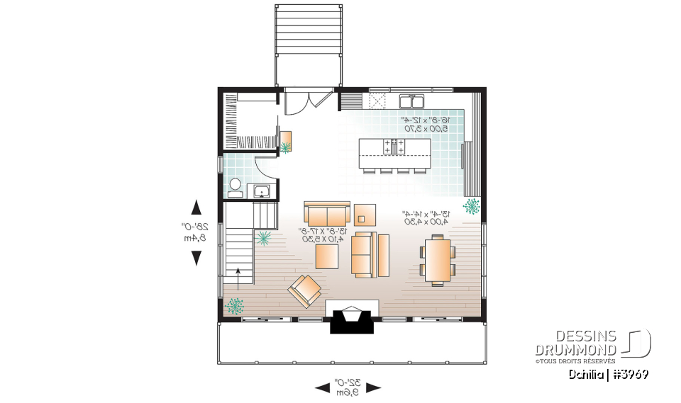 Rez-de-chaussée - Plan de chalet de ski moderne rustique – 3 chambres, vue panoramique et foyer central - Dahilia