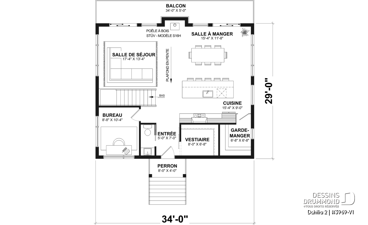 Rez-de-chaussée - Plan de chalet rustique avec rez-de-jardin, foyer STÛV et jusqu'à 4 chambres - Dahilia 2