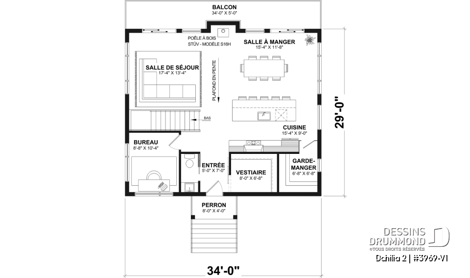 Rez-de-chaussée - Plan de chalet rustique avec rez-de-jardin, foyer STÛV et jusqu'à 4 chambres - Dahilia 2