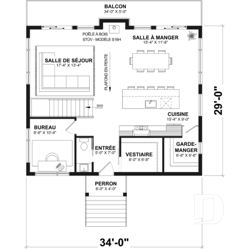 Rez-de-chaussée - Plan de chalet rustique avec rez-de-jardin, foyer STÛV et jusqu'à 4 chambres - Dahilia 2