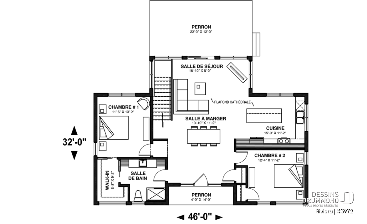 Rez-de-chaussée - Plan de petit chalet contemporain économique, aire ouverte, 2 chambres, plafond cathédral - Riviera