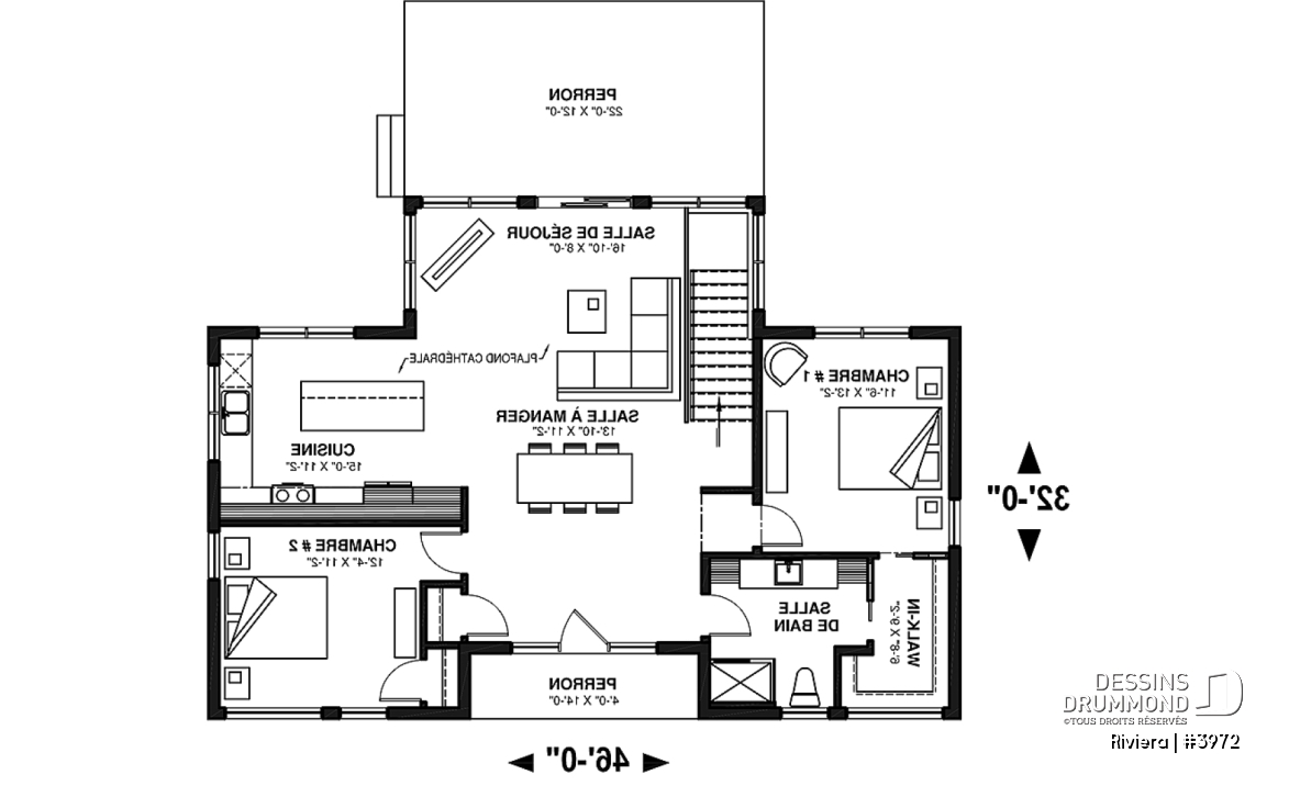 Rez-de-chaussée - Plan de petit chalet contemporain économique, aire ouverte, 2 chambres, plafond cathédral - Riviera