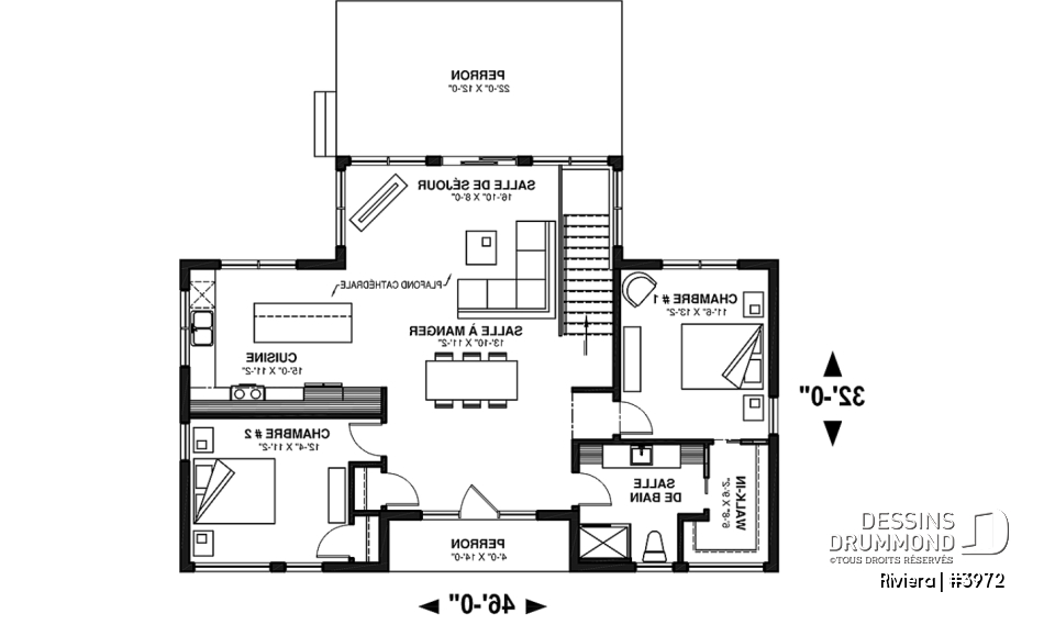 Rez-de-chaussée - Plan de petit chalet contemporain économique, aire ouverte, 2 chambres, plafond cathédral - Riviera