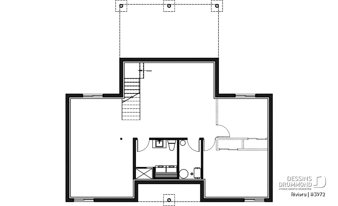 Sous-sol aménageable - Plan de petit chalet contemporain économique, aire ouverte, 2 chambres, plafond cathédral - Riviera