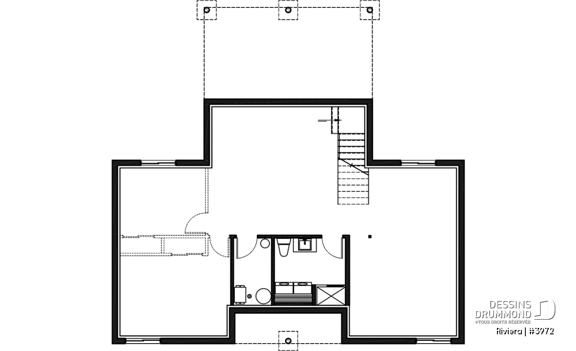 Sous-sol aménageable - Plan de petit chalet contemporain économique, aire ouverte, 2 chambres, plafond cathédral - Riviera