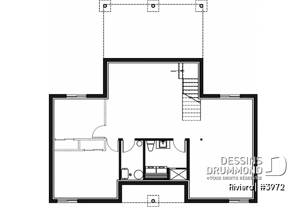Sous-sol aménageable - Plan de petit chalet contemporain économique, aire ouverte, 2 chambres, plafond cathédral - Riviera