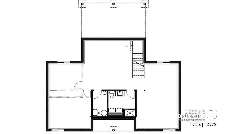 Sous-sol aménageable - Plan de petit chalet contemporain économique, aire ouverte, 2 chambres, plafond cathédral - Riviera