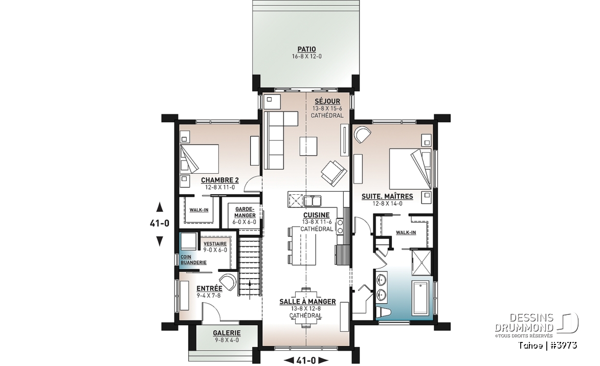 Rez-de-chaussée - Plan maison / chalet scandinave, cathédral, 2 chambres, immense cuisine, garde-manger et vue sur l'arrière - Tahoe