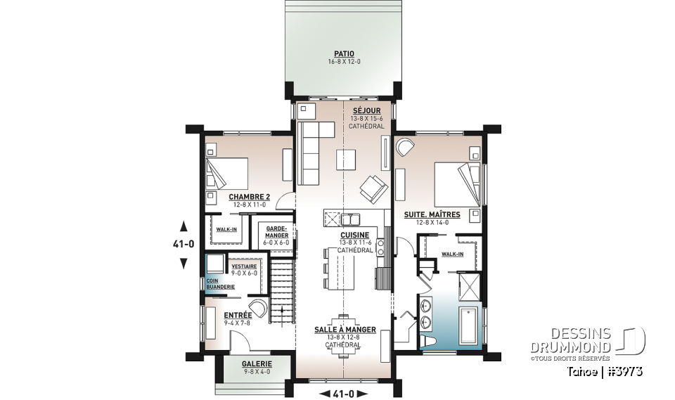 Rez-de-chaussée - Plan maison / chalet scandinave, cathédral, 2 chambres, immense cuisine, garde-manger et vue sur l'arrière - Tahoe