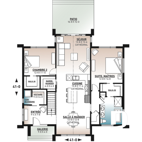Rez-de-chaussée - Plan maison / chalet scandinave, cathédral, 2 chambres, immense cuisine, garde-manger et vue sur l'arrière - Tahoe