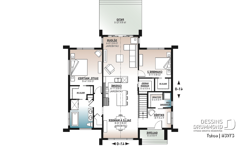 Rez-de-chaussée - Plan maison / chalet scandinave, cathédral, 2 chambres, immense cuisine, garde-manger et vue sur l'arrière - Tahoe