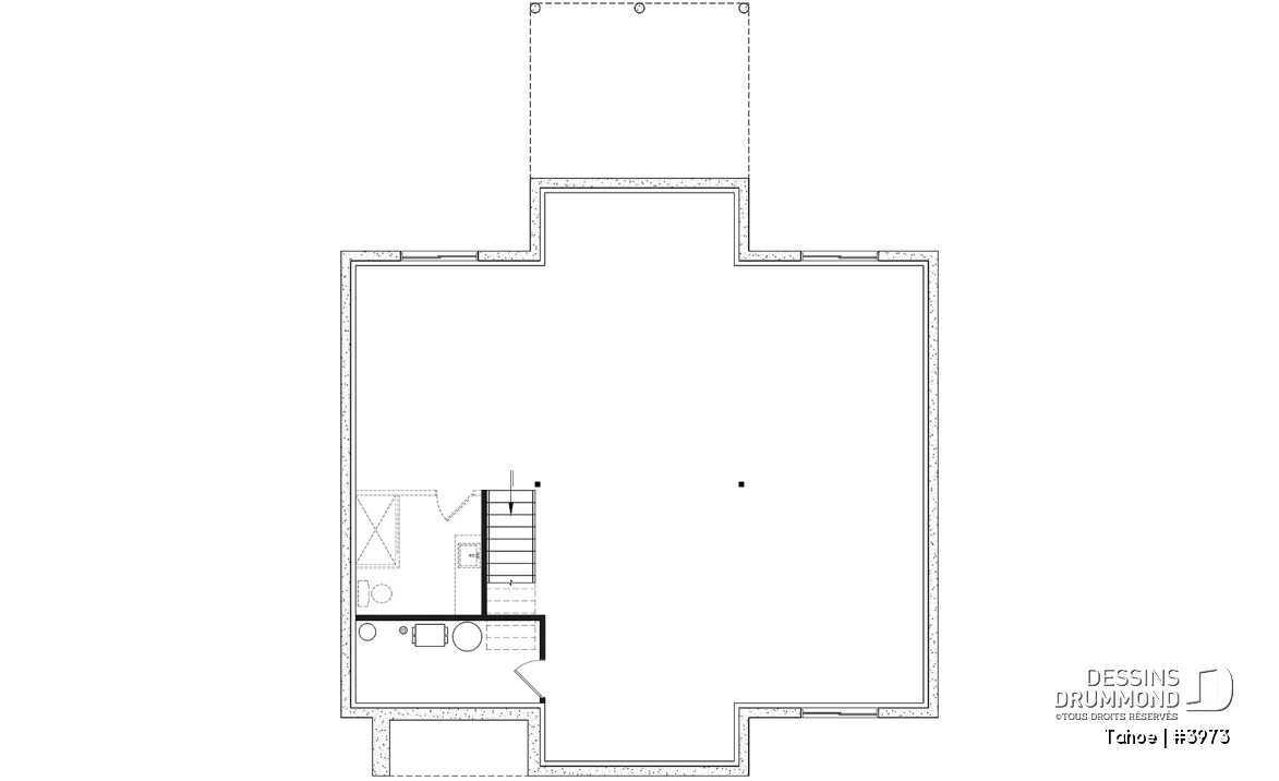 Sous-sol aménageable - Plan maison / chalet scandinave, cathédral, 2 chambres, immense cuisine, garde-manger et vue sur l'arrière - Tahoe