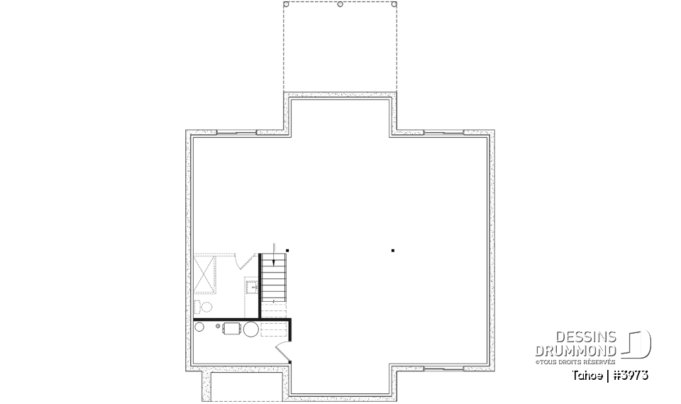Sous-sol aménageable - Plan maison / chalet scandinave, cathédral, 2 chambres, immense cuisine, garde-manger et vue sur l'arrière - Tahoe