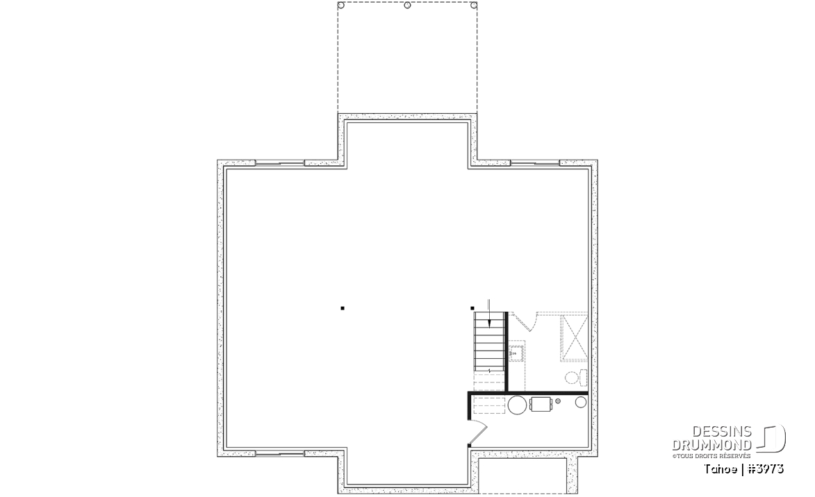 Sous-sol aménageable - Plan maison / chalet scandinave, cathédral, 2 chambres, immense cuisine, garde-manger et vue sur l'arrière - Tahoe
