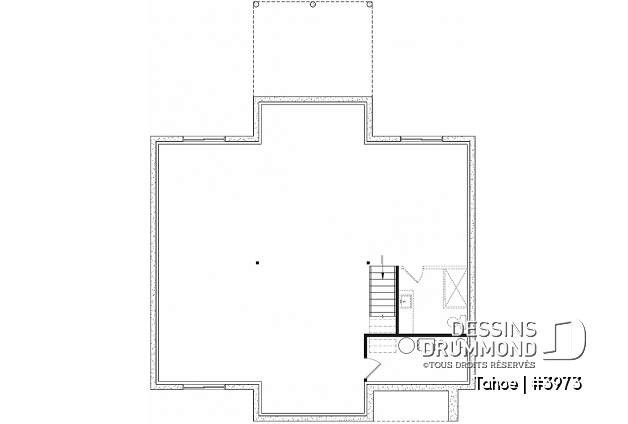 Sous-sol aménageable - Plan maison / chalet scandinave, cathédral, 2 chambres, immense cuisine, garde-manger et vue sur l'arrière - Tahoe