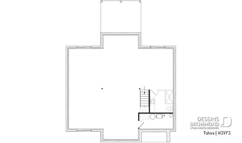 Sous-sol aménageable - Plan maison / chalet scandinave, cathédral, 2 chambres, immense cuisine, garde-manger et vue sur l'arrière - Tahoe