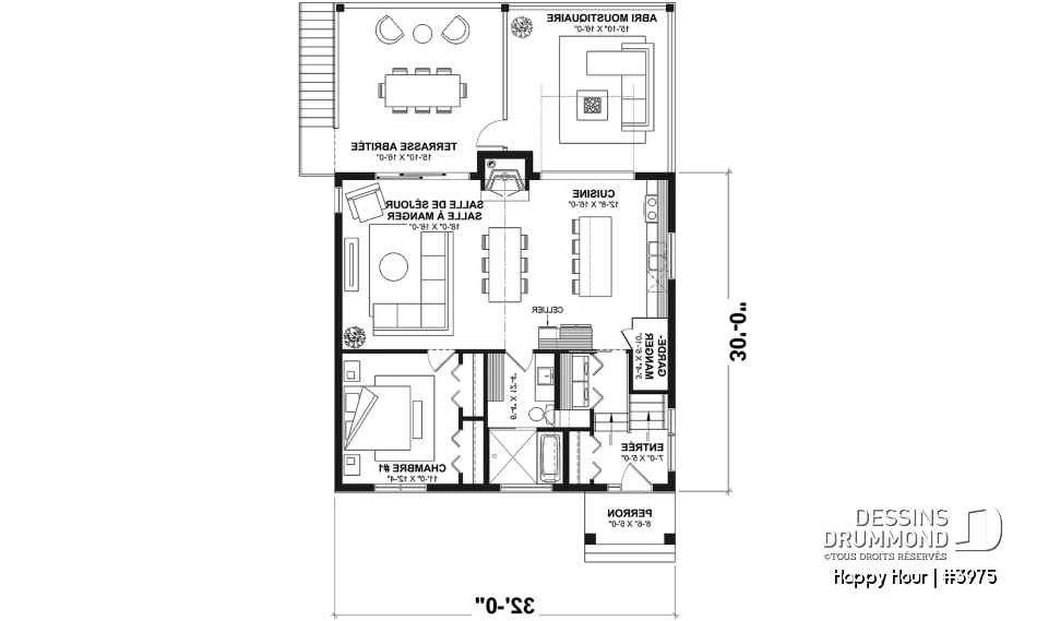 Rez-de-chaussée - Plan de chalet avec belles terrasses arrières et abri moustiquaire, fondation en rez-de-jardin - Happy Hour