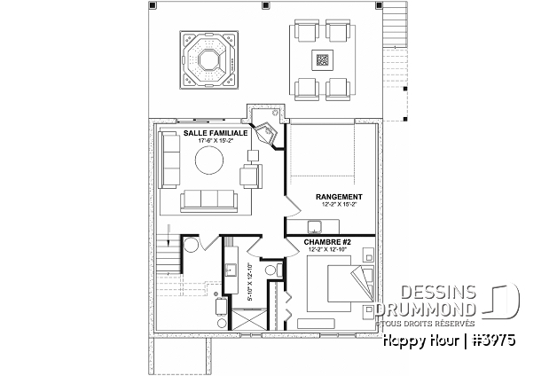 Sous-sol - Plan de chalet avec belles terrasses arrières et abri moustiquaire, fondation en rez-de-jardin - Happy Hour