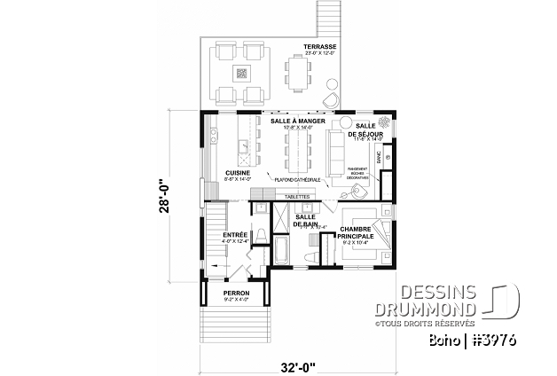Rez-de-chaussée - Plan de maison moderne avec sous-sol aménagé pour un total de 4 chambres, 2 salons et 2.5 salles de bain - Boho