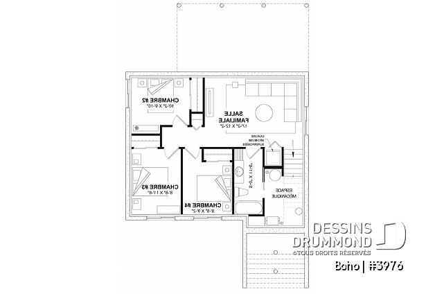 Sous-sol aménagé - Plan de maison moderne avec sous-sol aménagé pour un total de 4 chambres, 2 salons et 2.5 salles de bain - Boho
