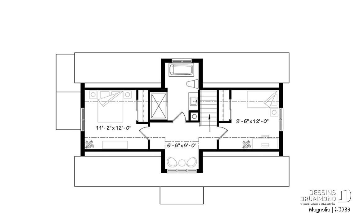 Étage - Maison de style fermette moderne à aire ouverte avec foyer, cuisine avec îlot, salle de bain privé aux parents - Magnolia