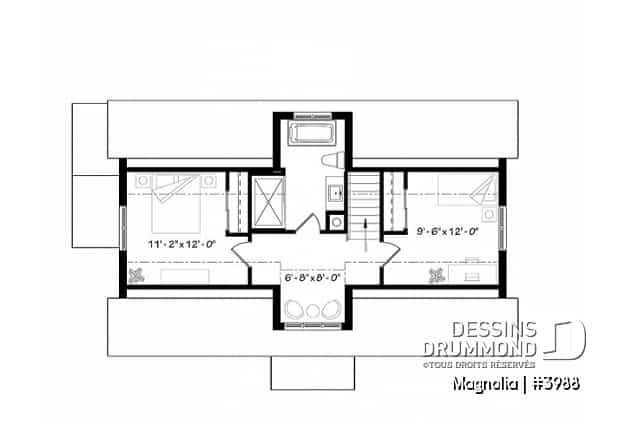 Étage - Maison de style fermette moderne à aire ouverte avec foyer, cuisine avec îlot, salle de bain privé aux parents - Magnolia
