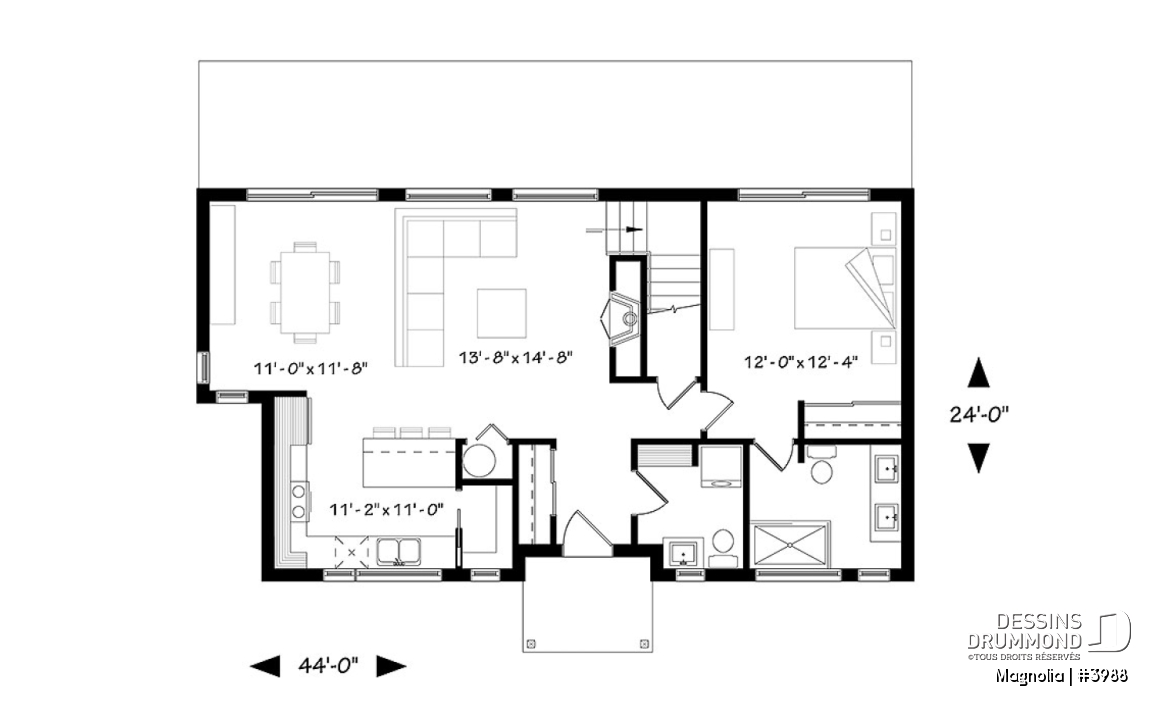 Rez-de-chaussée - Maison de style fermette moderne à aire ouverte avec foyer, cuisine avec îlot, salle de bain privé aux parents - Magnolia