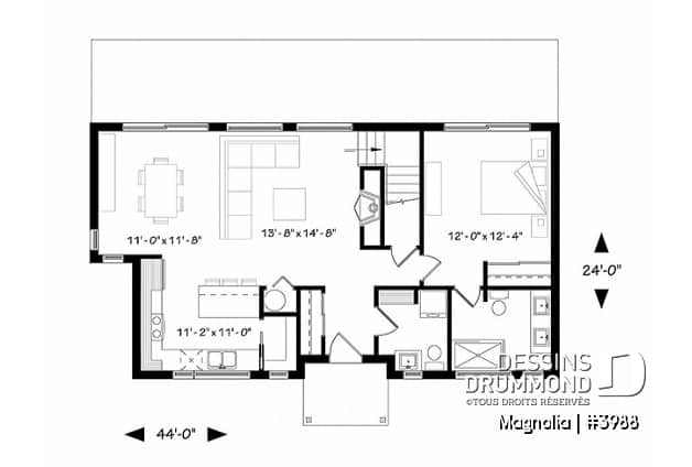 Rez-de-chaussée - Maison de style fermette moderne à aire ouverte avec foyer, cuisine avec îlot, salle de bain privé aux parents - Magnolia
