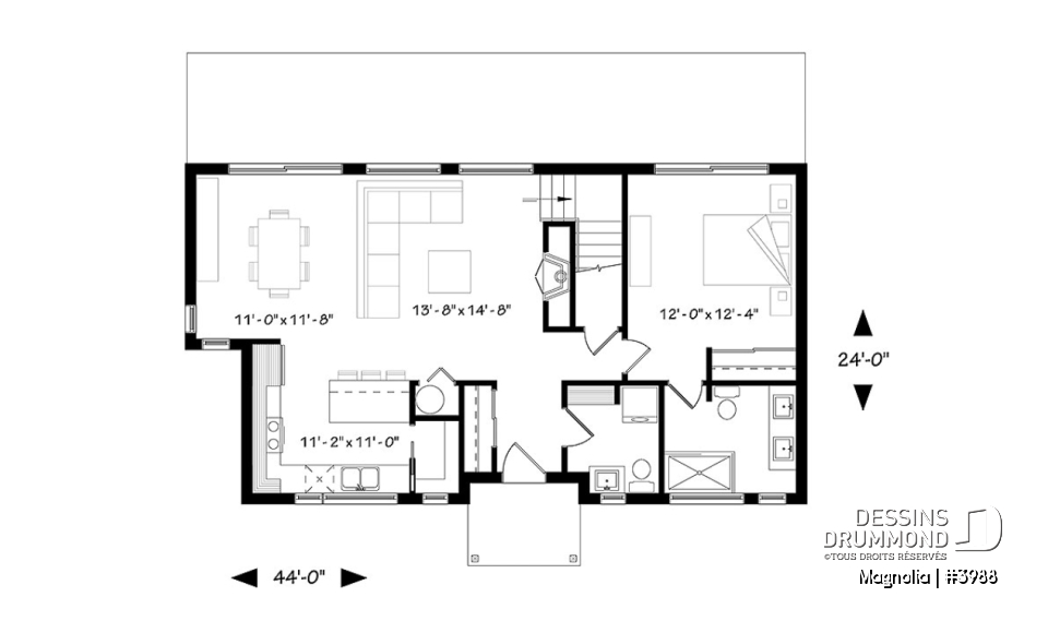 Rez-de-chaussée - Maison de style fermette moderne à aire ouverte avec foyer, cuisine avec îlot, salle de bain privé aux parents - Magnolia