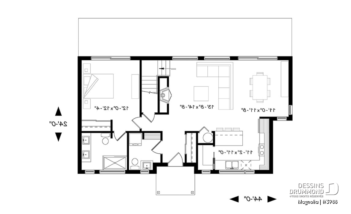 Rez-de-chaussée - Maison de style fermette moderne à aire ouverte avec foyer, cuisine avec îlot, salle de bain privé aux parents - Magnolia