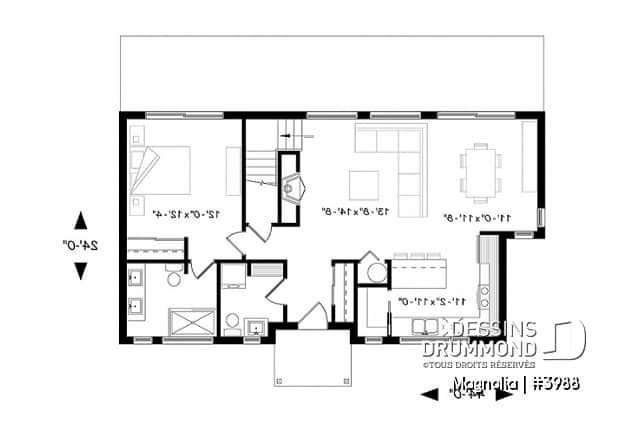 Rez-de-chaussée - Maison de style fermette moderne à aire ouverte avec foyer, cuisine avec îlot, salle de bain privé aux parents - Magnolia